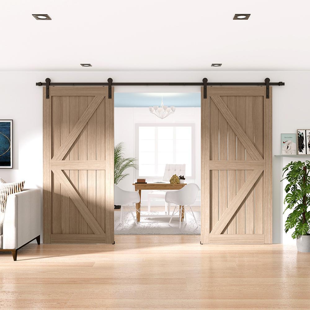 18 ft./216 in. Frosted Black Strap Sliding Barn Door Track Hardware Kit for Double Wood Doors Non-Routed Floor Guide - Super Arbor