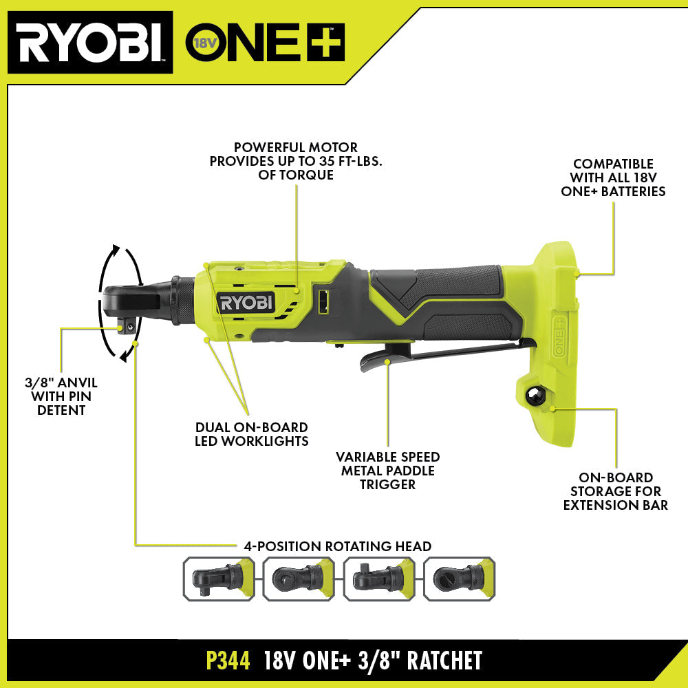 RYOBI 18-Volt ONE+ Cordless 3/8 in. 4-Position Ratchet (Tool Only)