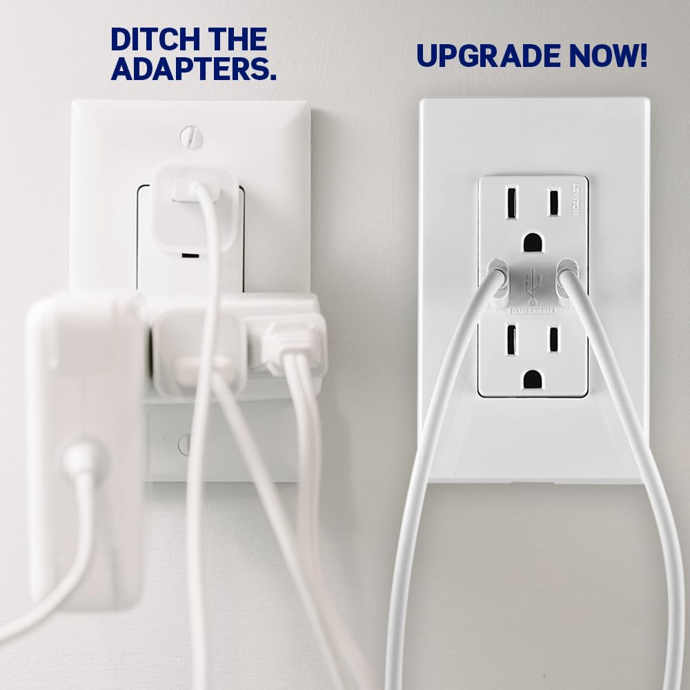 Leviton 30-Watt (6A) Dual USB Type-C Power Delivery In-Wall Charger with 15A 125V Tamper-Resistant Outlet, White (Model T5635-W)