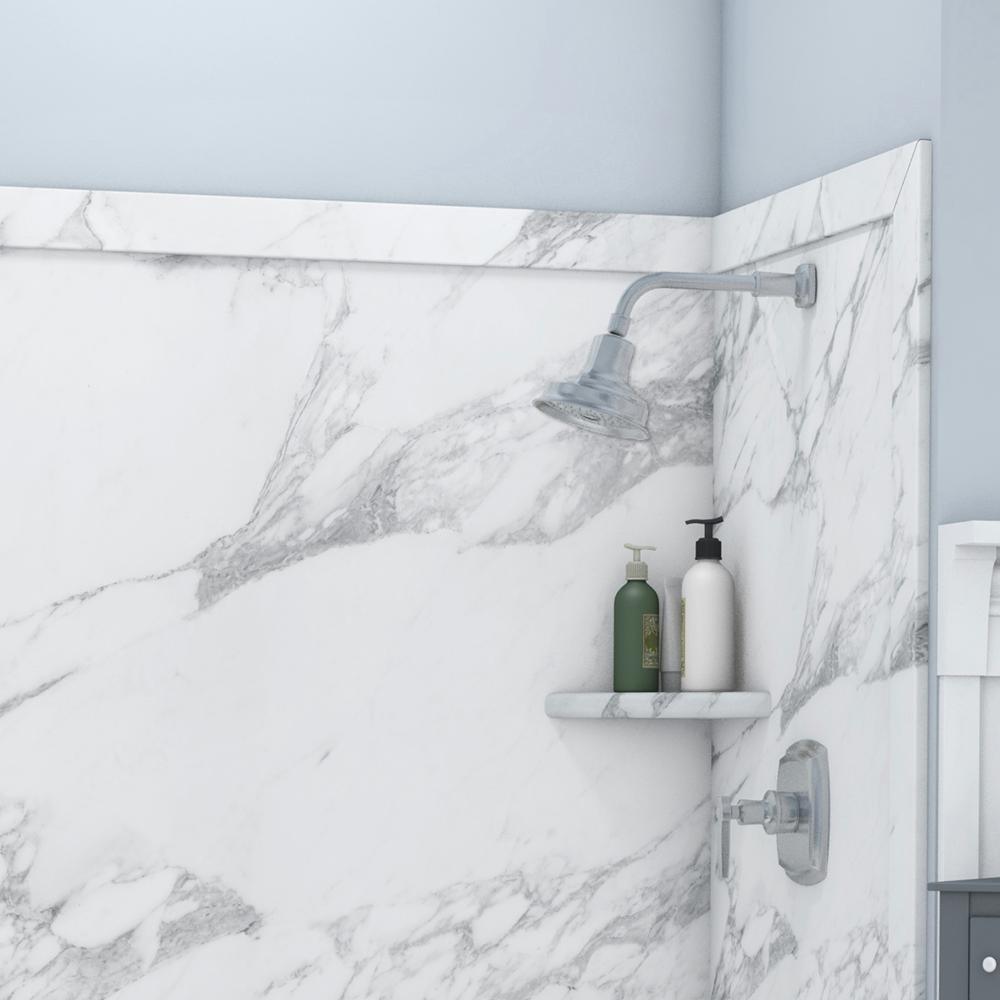 Royale 36 in. x 60 in. x 80 in. 11-Piece Easy Up Adhesive Alcove Bathtub/Shower Wall Surround in Calacatta White - Super Arbor