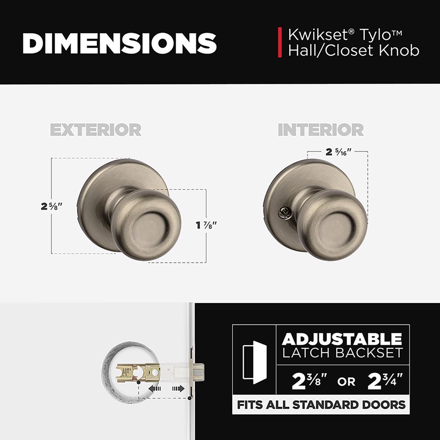 Kwikset Tylo Passage Door Knob, Antique Brass, ANSI/BHMA Grade 3, Fits 1-3/8–1-3/4 in Doors