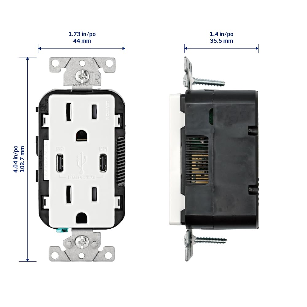 Leviton 30-Watt (6A) Dual USB Type-C Power Delivery In-Wall Charger with 15A 125V Tamper-Resistant Outlet, White (Model T5635-W)
