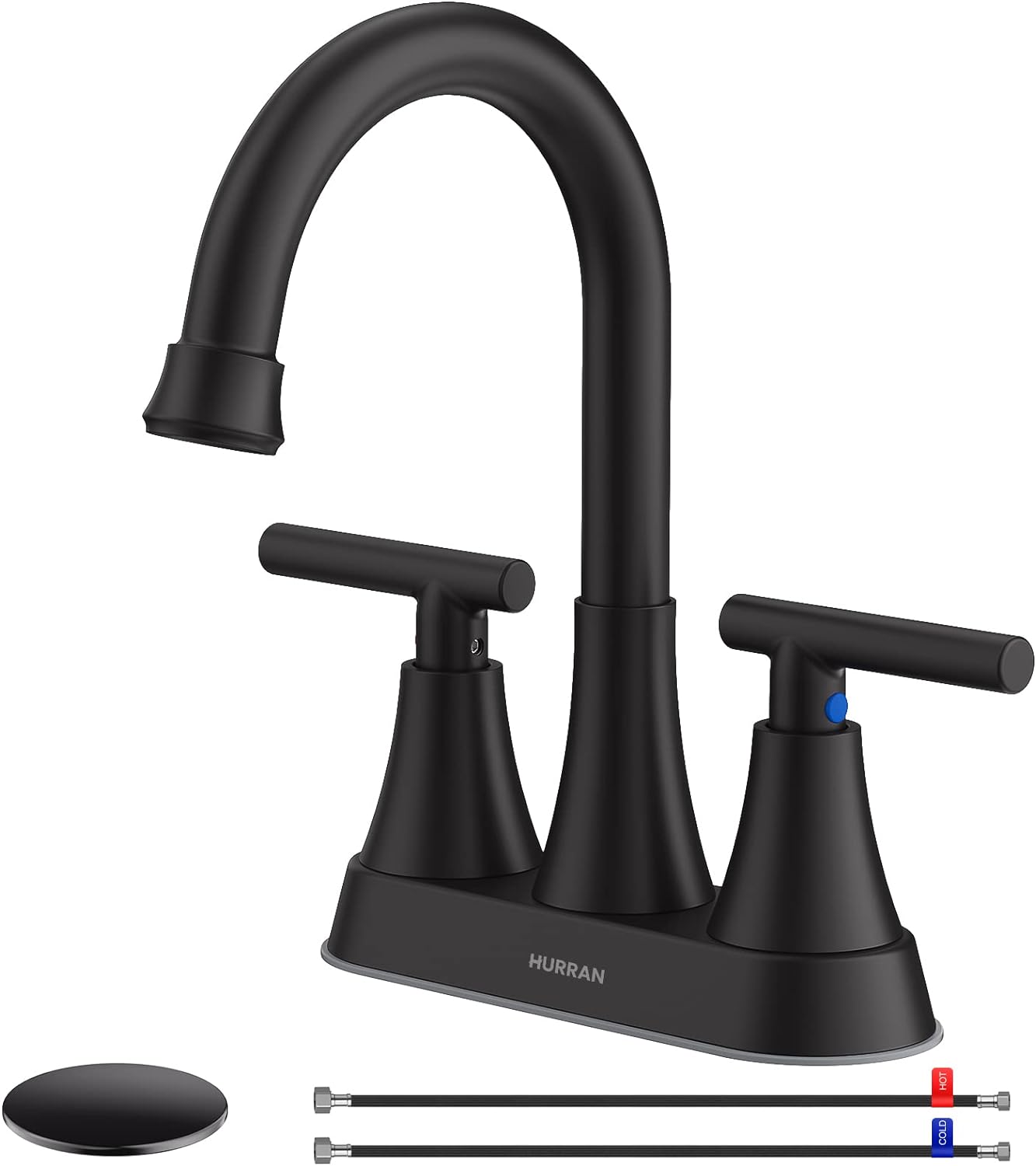 Hurran Matte Black Bathroom Faucet with Pop-up Drain and Supply Hoses