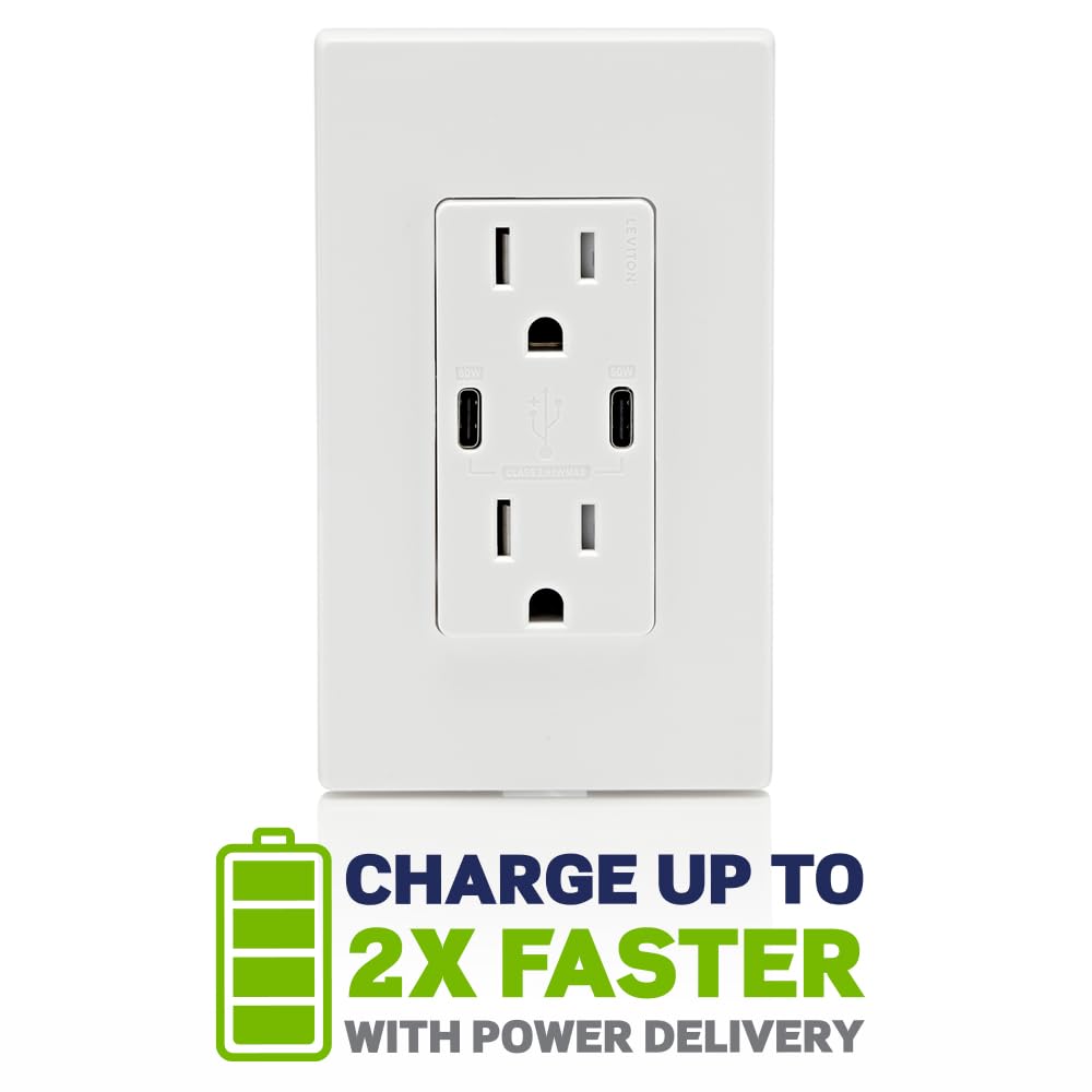 Leviton 30-Watt (6A) Dual USB Type-C Power Delivery In-Wall Charger with 15A 125V Tamper-Resistant Outlet, White (Model T5635-W)