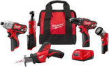 Milwaukee M12 12V Lithium-Ion Cordless Drill/Driver, Impact Driver, 3/8 in. Ratchet, HACKZALL Recip Saw & Worklight Combo Kit (5-Tool)