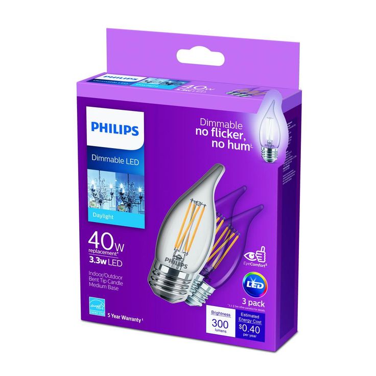Philips 40-Watt Equivalent B11 Dimmable Edison LED Candle Light Bulb Glass Bent Tip Medium Base Daylight (5000K) (6-Pack)