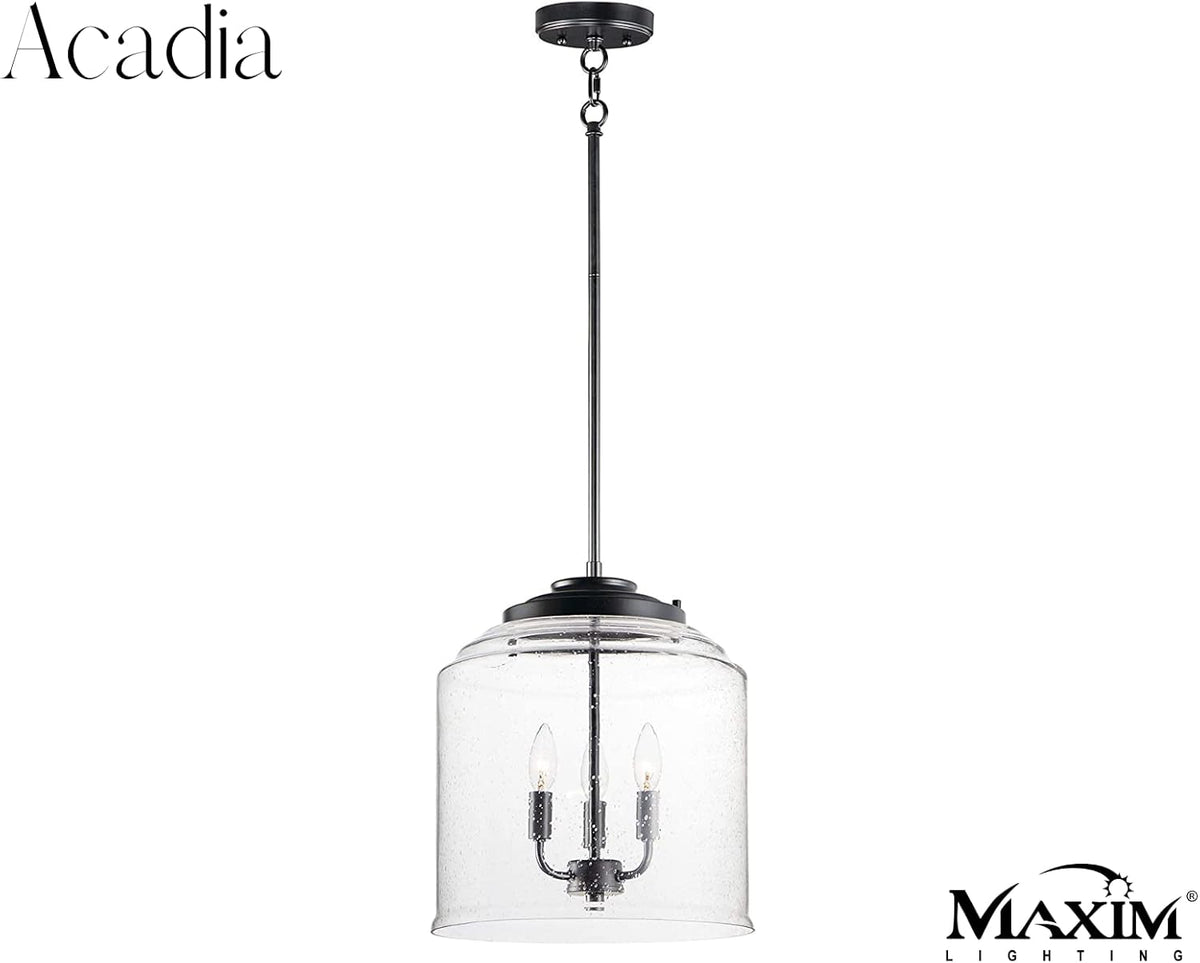 Maxim Lighting Acadia Black Transitional Seeded Glass Bell Pendant Light, 13.75" Diameter x 16" Height, 3-Light