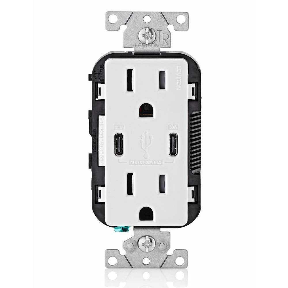 Leviton 30-Watt (6A) Dual USB Type-C Power Delivery In-Wall Charger with 15A 125V Tamper-Resistant Outlet, White (Model T5635-W)