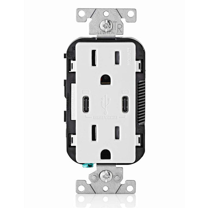 Leviton 30-Watt (6A) Dual USB Type-C Power Delivery In-Wall Charger with 15A 125V Tamper-Resistant Outlet, White (Model T5635-W)