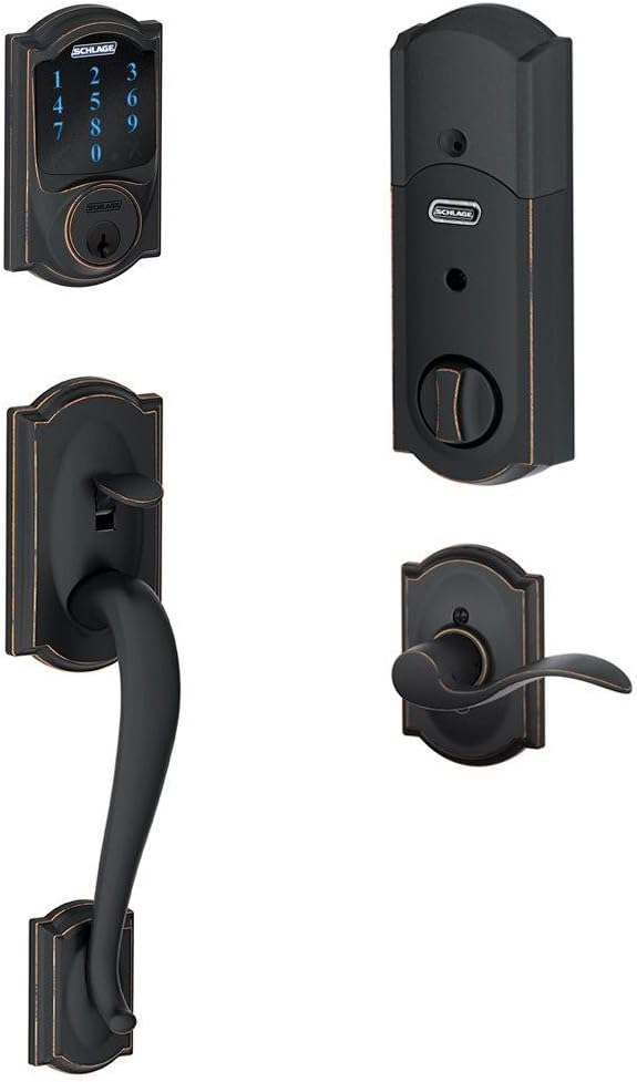 Schlage Camelot Aged Bronze Connect Smart Door Lock with Built-In Alarm and Accent Door Lever, Left-Hand