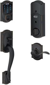 Schlage Camelot Aged Bronze Connect Smart Door Lock with Built-In Alarm and Accent Door Lever, Left-Hand