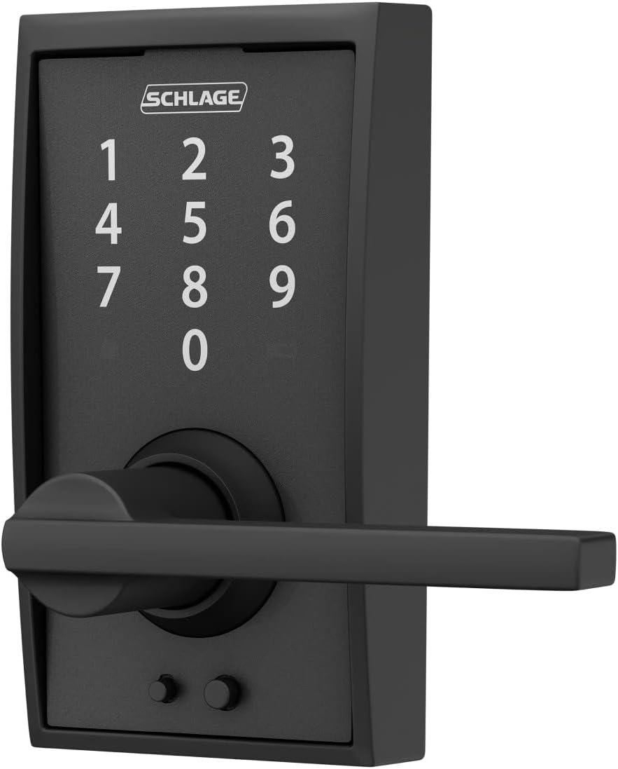 Schlage Century Matte Black Electronic Keyless Door Lock with Latitude Lever, FE695 CEN 622 LAT