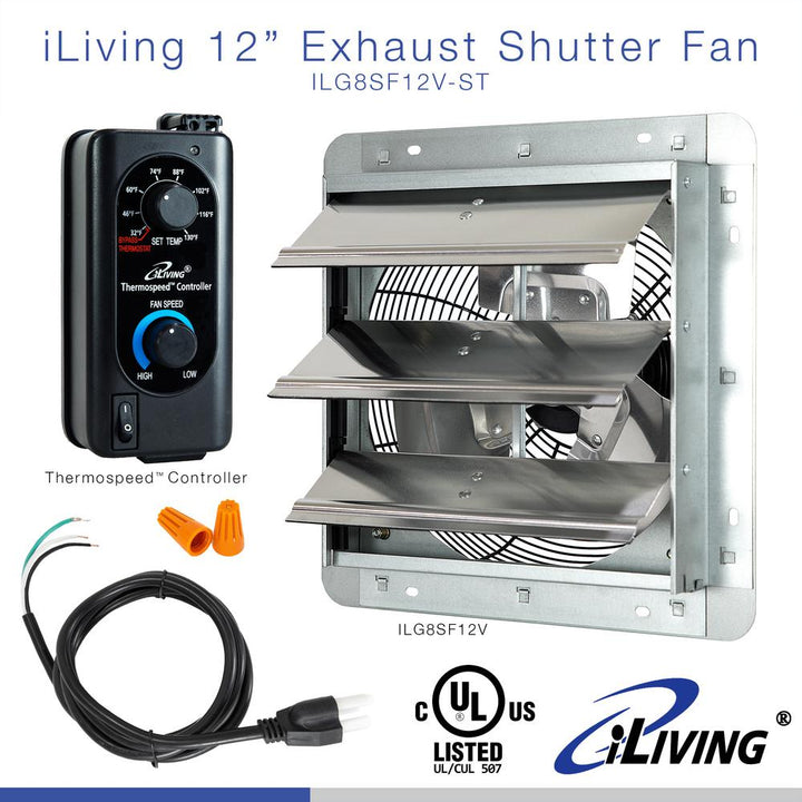 12 in. Shutter Exhaust Fan with Thermospeed Controller, 65-Watt, 960 CFM - Super Arbor