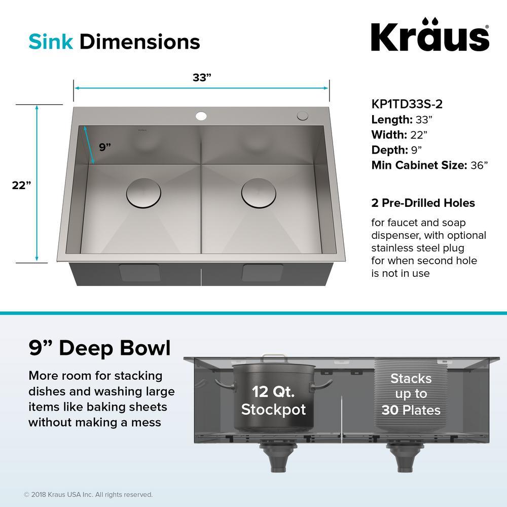 Pax Drop-In Stainless Steel 33 in. 2-Hole 50/50 Double Bowl Kitchen Sink - Super Arbor