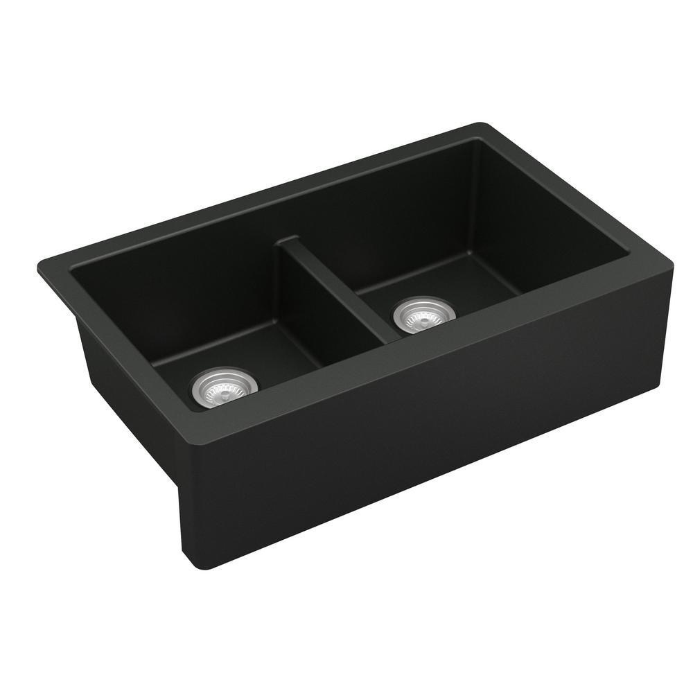 Farmhouse Apron Front Quartz Composite 34 in. Double Bowl Kitchen Sink in Black - Super Arbor