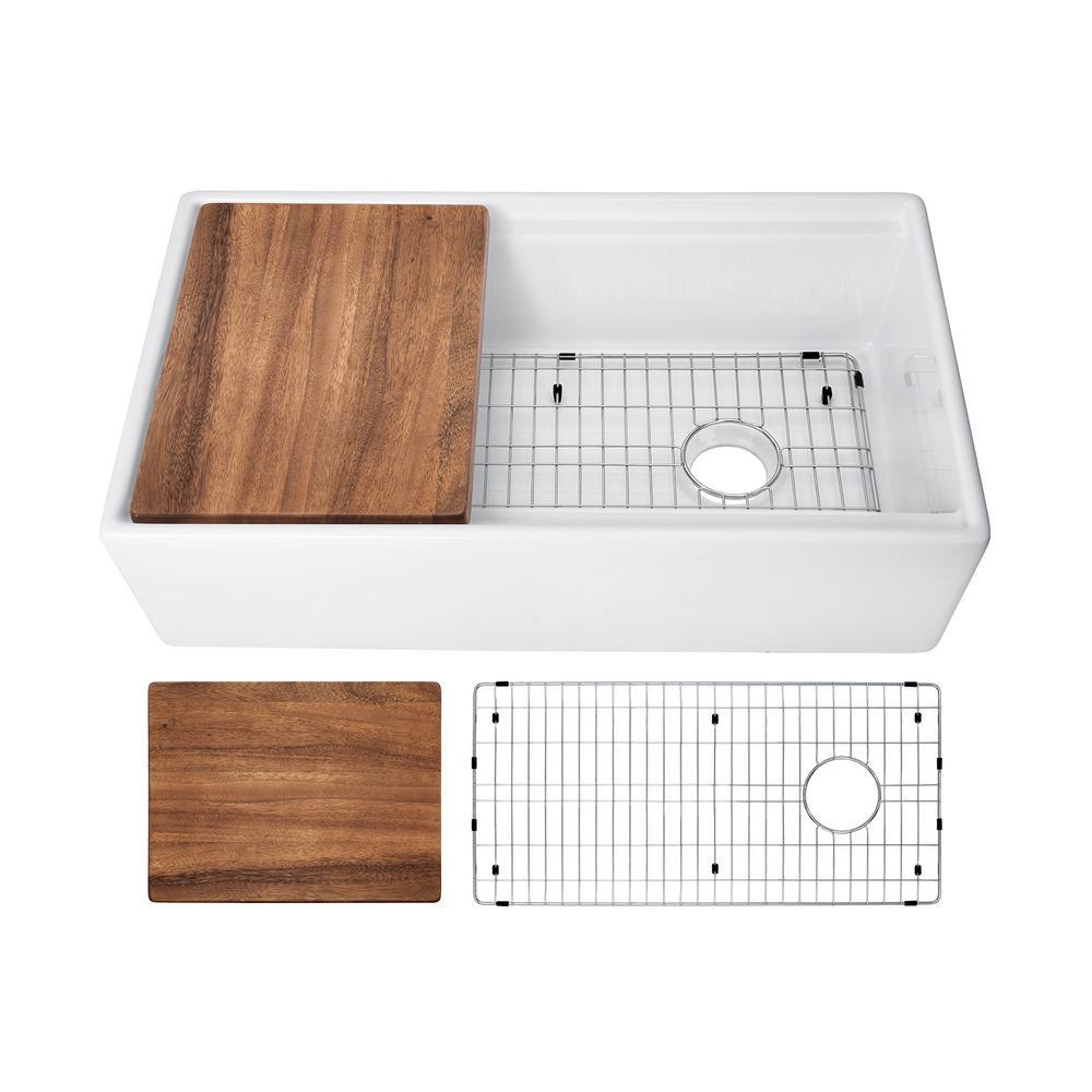 Fireclay 33 in. Single Bowl Farmhouse Apron Front Reversible Kitchen Sink in White with Cutting Board and Grid - Super Arbor