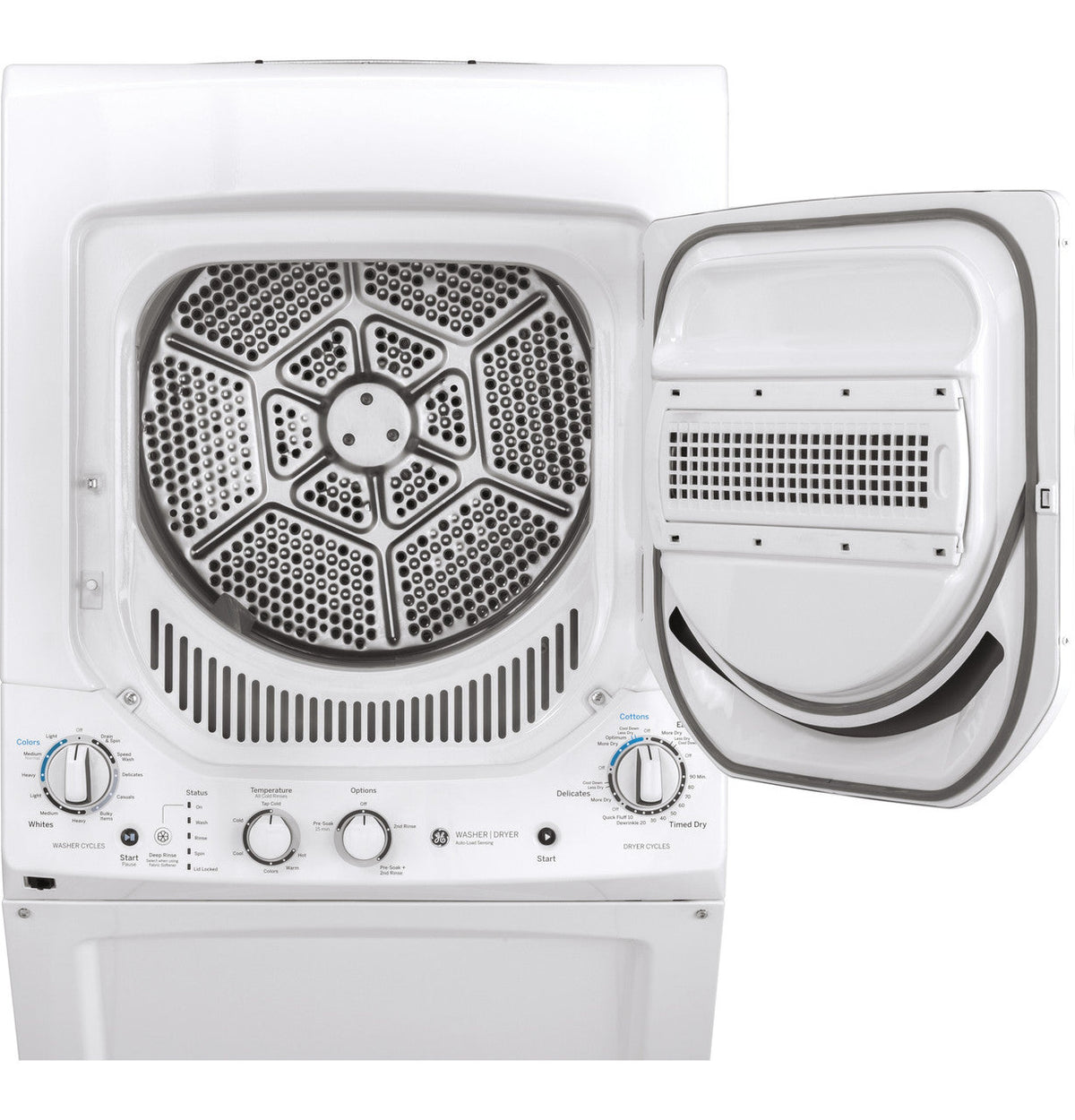 GE Electric Stacked Laundry Center with 2.3-cu ft Washer and 4.4-cu ft Dryer, White, 23.75-in W