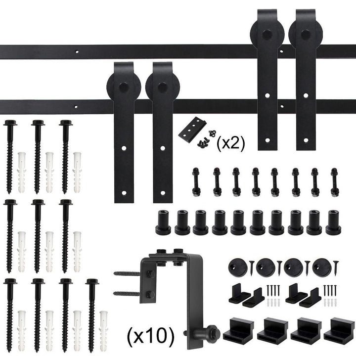 12 ft./144 in. Powder Coated Black Heavy-Duty Bypass Double Door Sliding Barn Door Hardware Classic Design Roller - Super Arbor