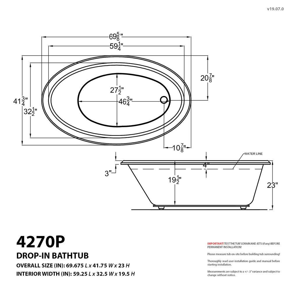 Topaz Diamond Series 70 in. Oval Drop-in Whirlpool and Air Bath Tub in White - Super Arbor