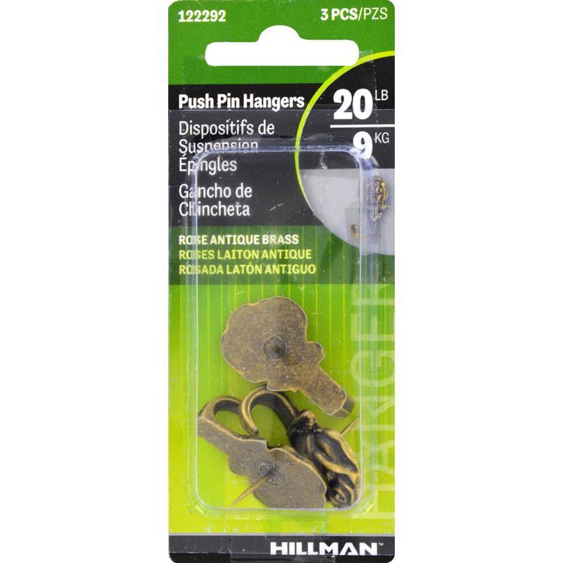 Hillman AnchorWire Antique Brass Push Pin Picture Hook, 20 lb Capacity, 3-Pack