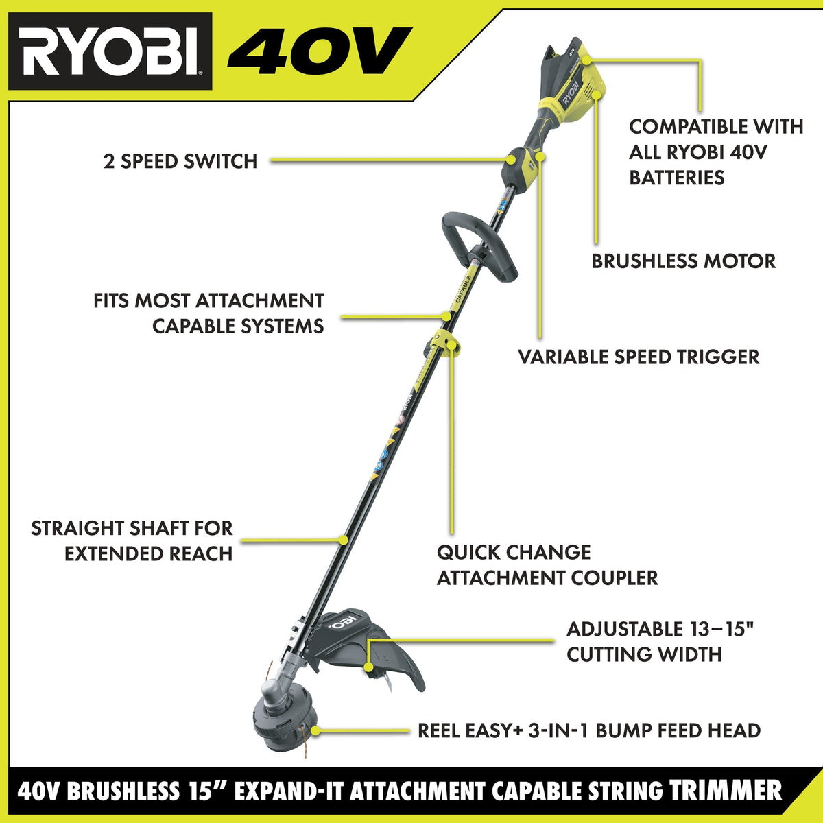 RYOBI 40-Volt Lithium-Ion Brushless Cordless Attachment-Capable String Trimmer (Tool Only)