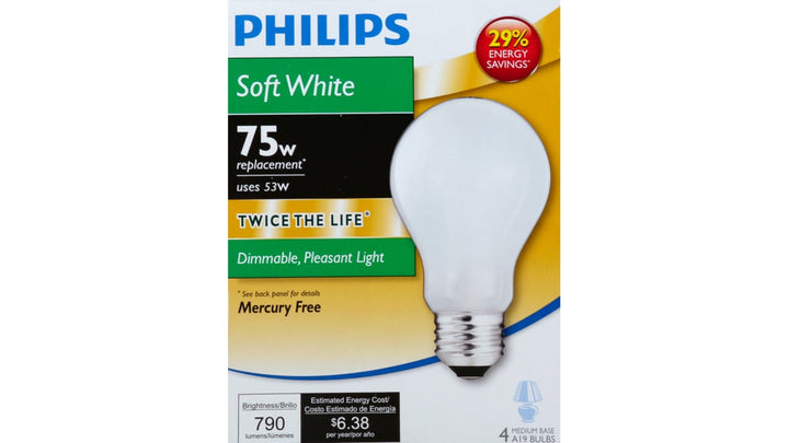 Philips 75-Watt Equivalent A19 Dimmable Energy Efficient Halogen Light Bulb Soft White (2750K) (4-Pack)