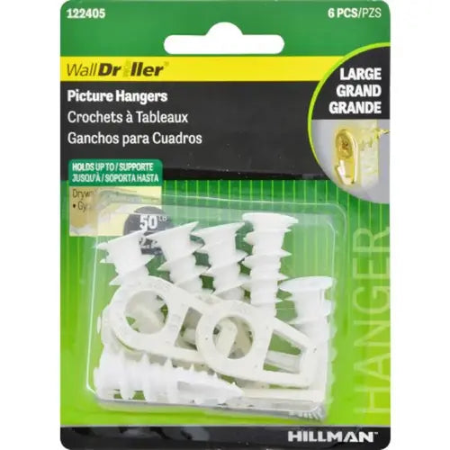 Hillman Wall Driller Brass-Plated White Drywall Picture Hook, 50 lb, 6-Pack