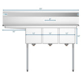 Freestanding Stainless Steel 55 in. 2-Hole Triple Bowl Commercial Kitchen Sink