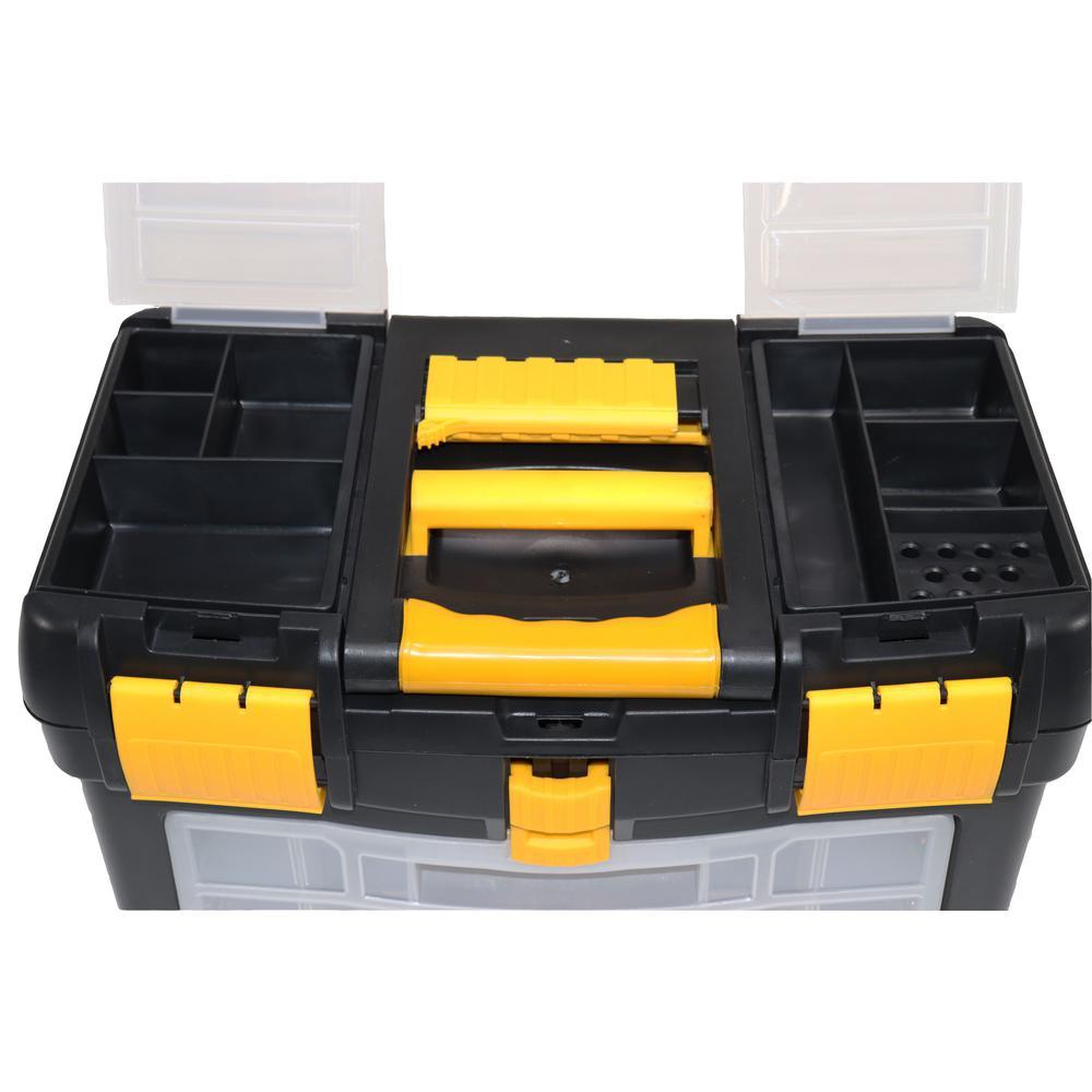 9-1/2 in. and 12-3/4 in. D (2-Tiered) Storage Toolbox with Foldable Auto-Locking Handle in Black - Super Arbor