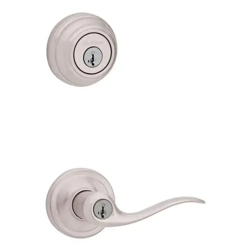 Kwikset SmartKey Tustin Satin Nickel Entry Lever and Deadbolt Set, ANSI/BHMA Grade 2, KW1, 1-3/4 in.