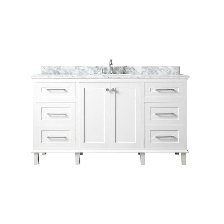 Heathermore 60 in. W x 22 in. D in White with Marble Top in Carrera with White Basins