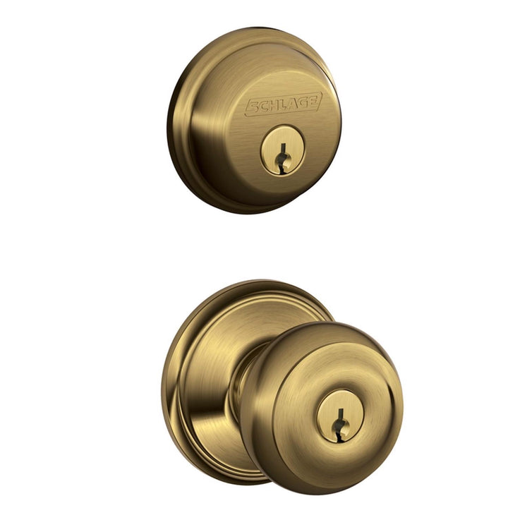 Schlage Georgian Antique Brass Knob and Single Cylinder Deadbolt, ANSI Grade 2, Fits 1-3/8 to 1-3/4 in Doors