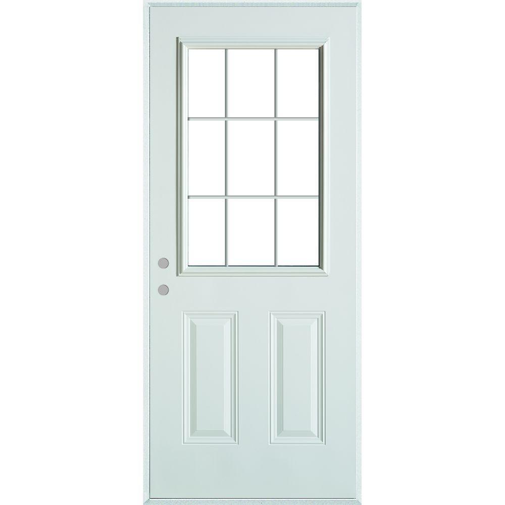 36 in. x 80 in. Colonial 9 Lite 2-Panel Painted White Left-Hand Steel Prehung Front Door with Internal Grille - Super Arbor