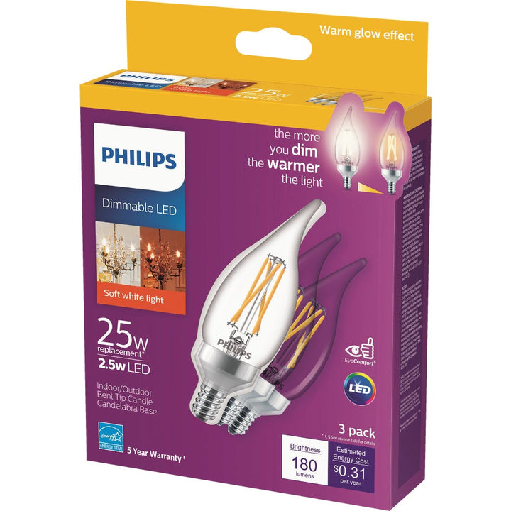 Philips 25-Watt Equivalent B11 Dimmable LED Light Bulb, Soft White, Classic Glass, Candelabra Base (3-Pack)