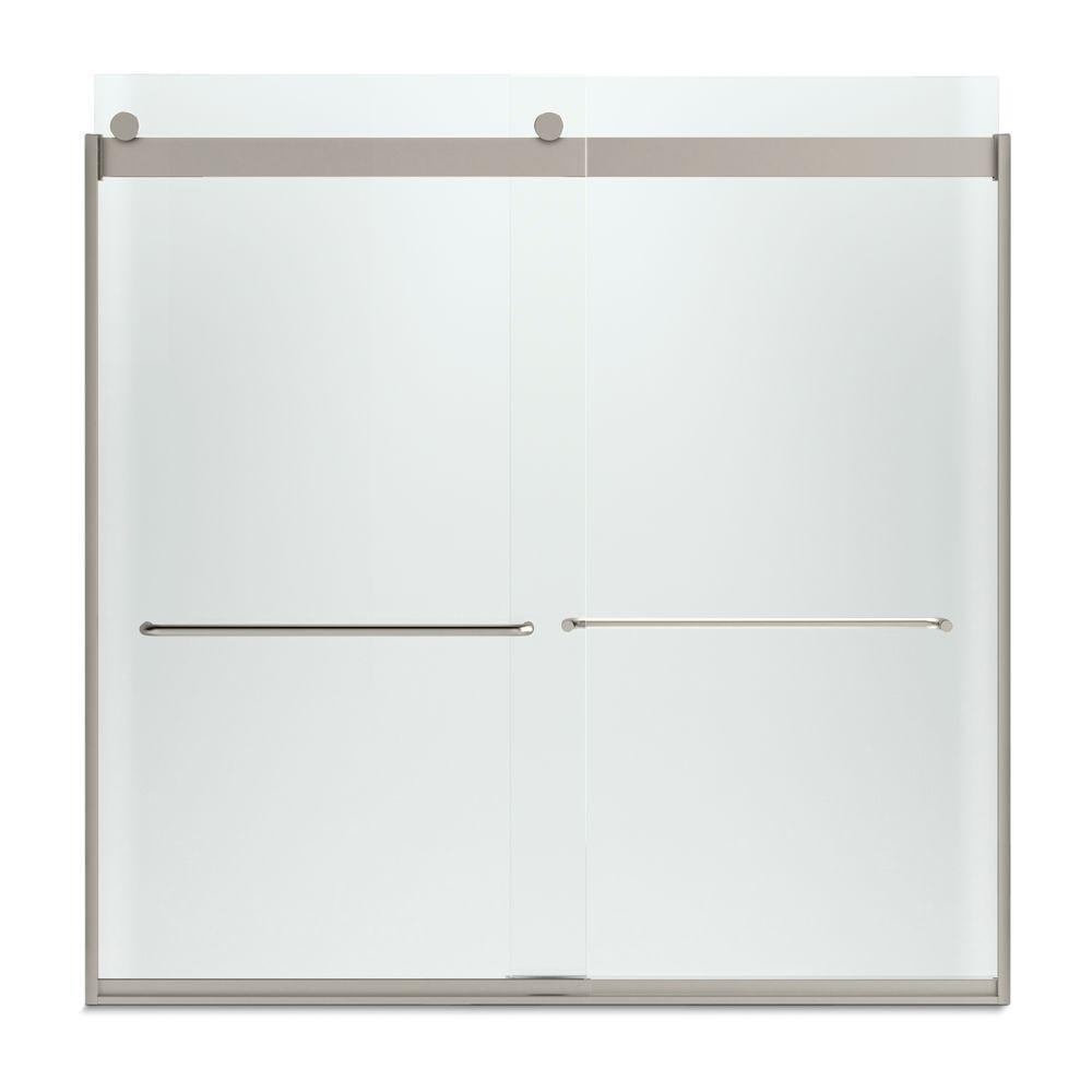 Levity 59 in. x 62 in. Semi-Frameless Sliding Tub Door in Nickel with Handle and Frosted Glass - Super Arbor