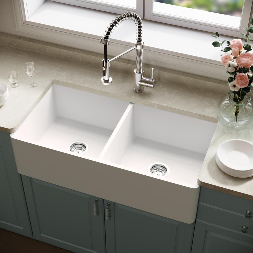 Matte Stone White Composite 33 in. Double Bowl Reversible Flat Farmhouse Apron-Front Kitchen Sink with 2 Strainers - Super Arbor