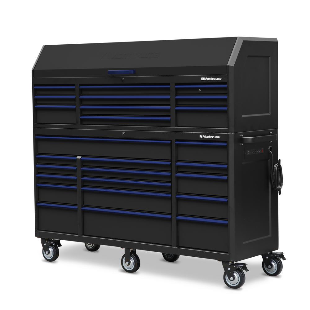 24 in. x 72 in. 26-Drawer Tool Chest and Cabinet Combo with Power and USB Outlets in Black and Blue - Super Arbor