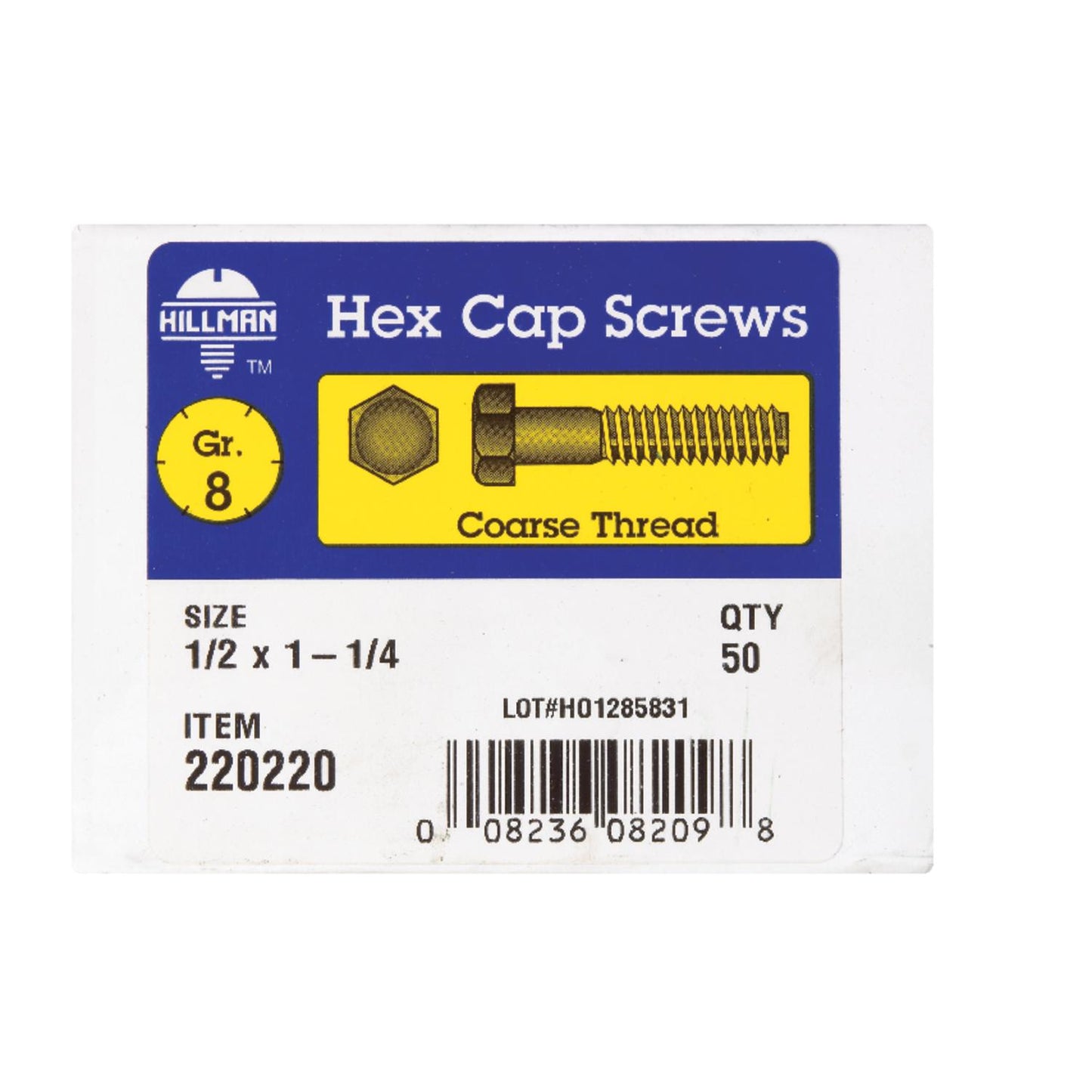 Hillman 1/2 in. Diameter x 1-1/4 in. Length Grade 8 Heat-Treated Steel Hex Head Cap Screws, Coarse Thread, 50-Pack