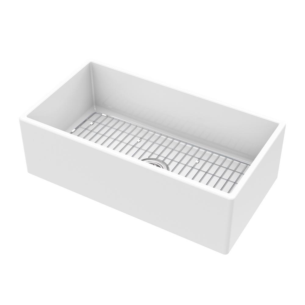 Farmhouse Apron Front Fireclay 33 in. Single Bowl Kitchen Sink in White with Grid and Strainer - Super Arbor