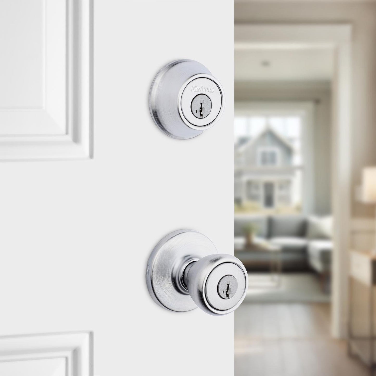 Kwikset Tylo Satin Nickel Entry Knob & Single Cylinder Deadbolt, ANSI/BHMA Grade 3, 1-3/4 in