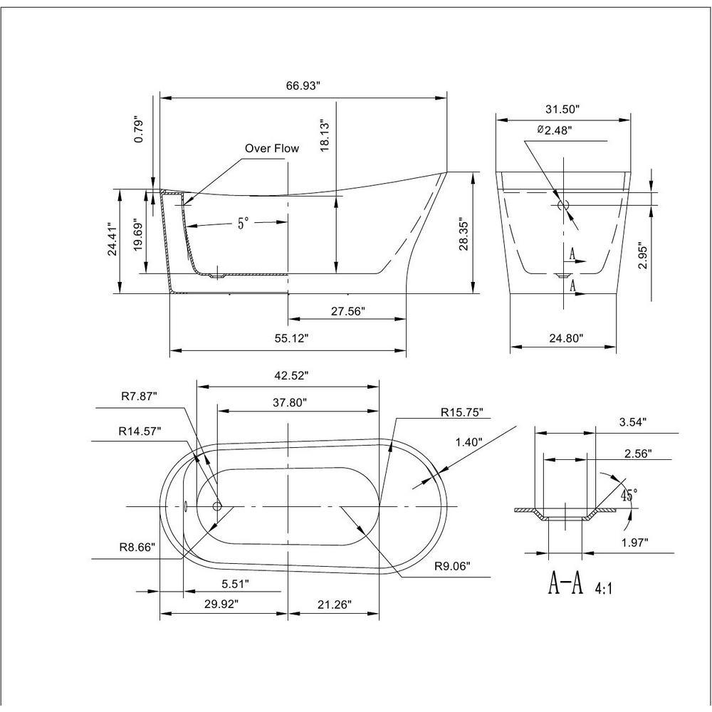 67 in. Acrylic Single Slipper Flatbottom Bathtub Non-Whirlpool Freestanding Soaking Tub in White - Super Arbor