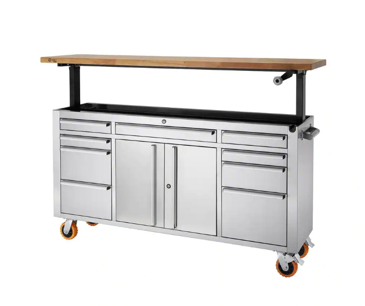 PRO 72 in. 9-Drawer Stainless Steel Workbench with Adjustable Top