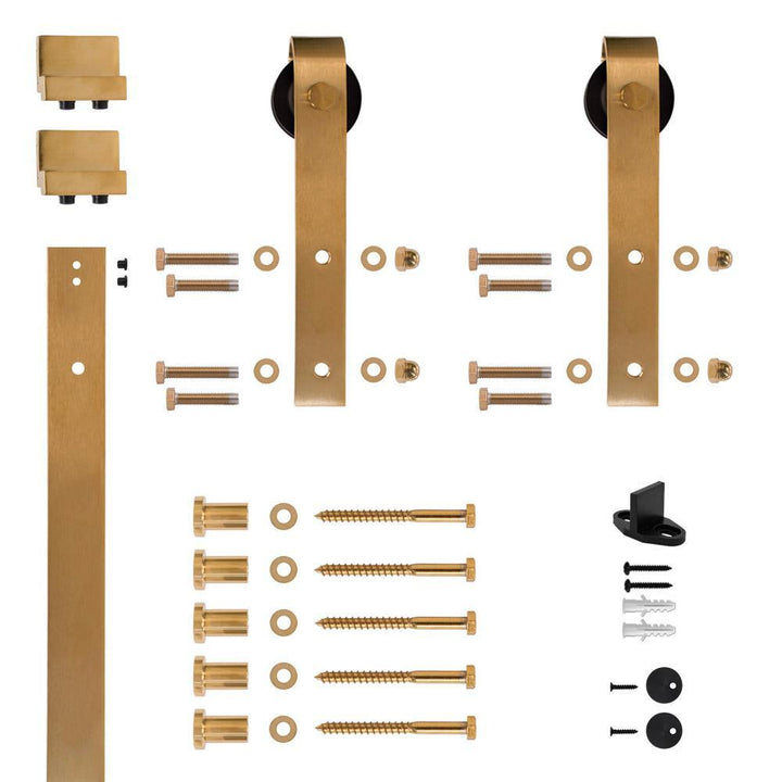 Hook Strap Satin Brass PVD Rolling Barn Door Hardware Kit with 2-3/4 in. Wheel - Super Arbor