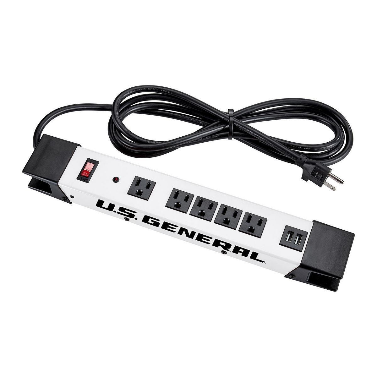 U.S. GENERAL 5-Outlet Magnetic Power Strip with Metal Housing and 2 USB Ports, White