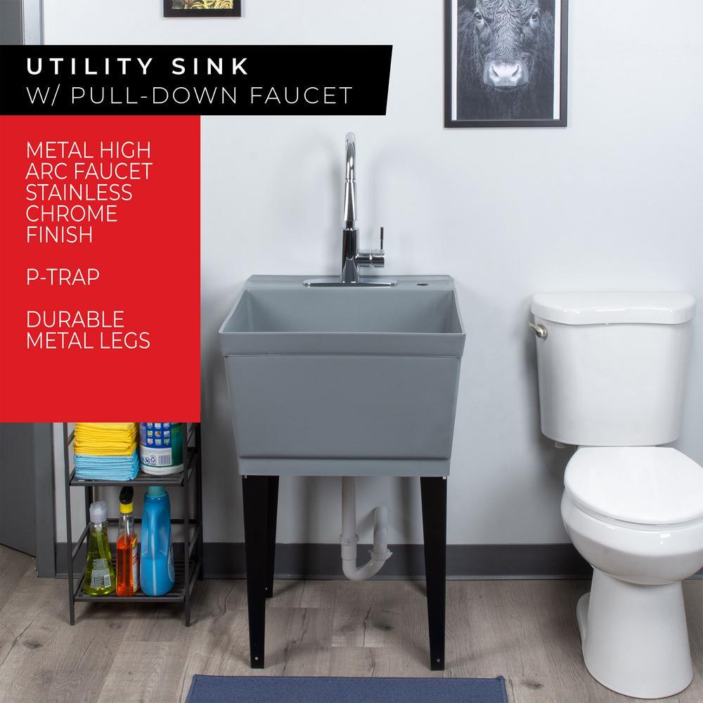 Complete 22.875 in. x 23.5 in. Grey 19 Gal. Utility Sink Set with Metal Hybrid Chrome High Arc Pull-Down Faucet - Super Arbor