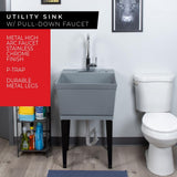 Complete 22.875 in. x 23.5 in. Grey 19 Gal. Utility Sink Set with Metal Hybrid Chrome High Arc Pull-Down Faucet - Super Arbor