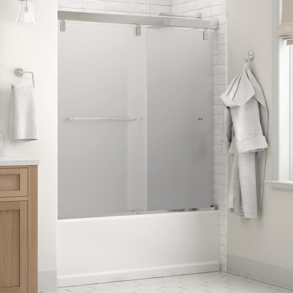 Simplicity 60 x 59-1/4 in. Frameless Mod Soft-Close Sliding Bathtub Door in Nickel with 1/4 in. (6mm) Clear Glass - Super Arbor