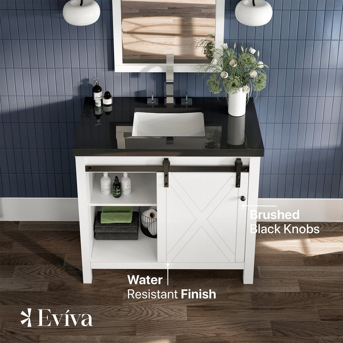 Eviva Dallas 36 in. W x 22 in. D x 34 in. H Bath Vanity in White with Black Granite Top and Black Sink