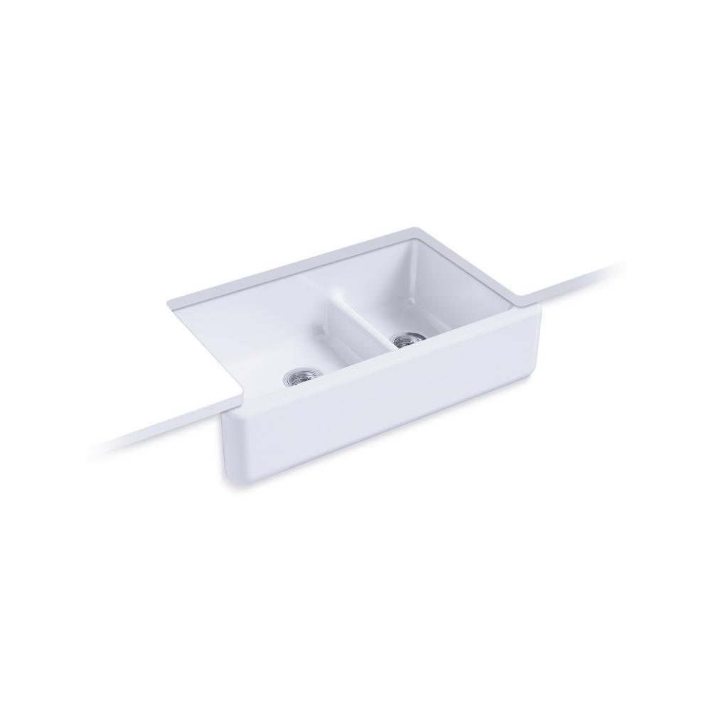 Whitehaven Smart Divide Self-Trimming Farmhouse Apron Front Cast Iron 36 in. Double Bowl Kitchen Sink in White - Super Arbor