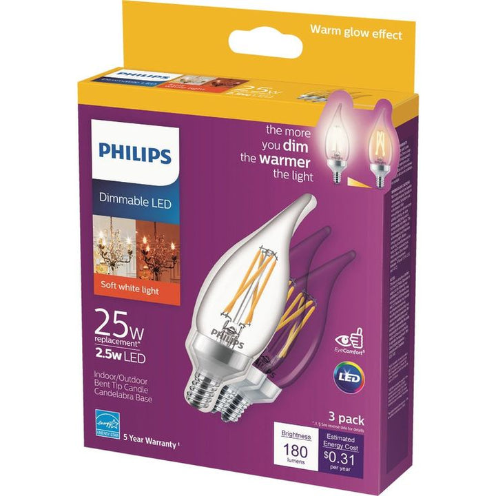 Philips 25-Watt Equivalent B11 Dimmable LED Light Bulb Soft White Classic Glass Candelabra (3-Pack)